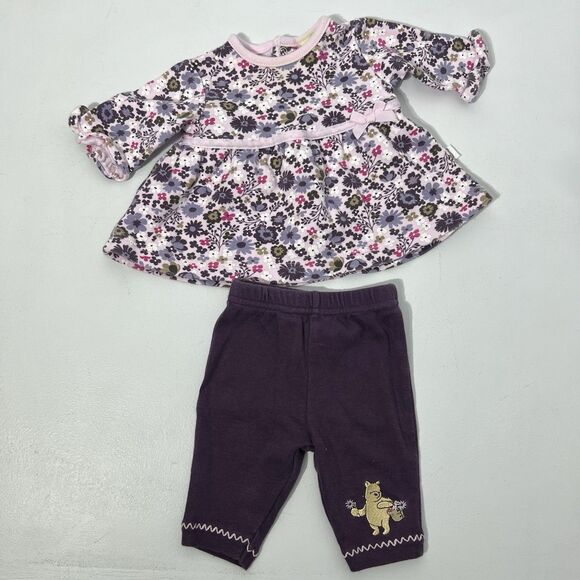 VTG Classic Pooh Disney Newborn Girls 2 Piece Outfit Purple Floral Embroidered